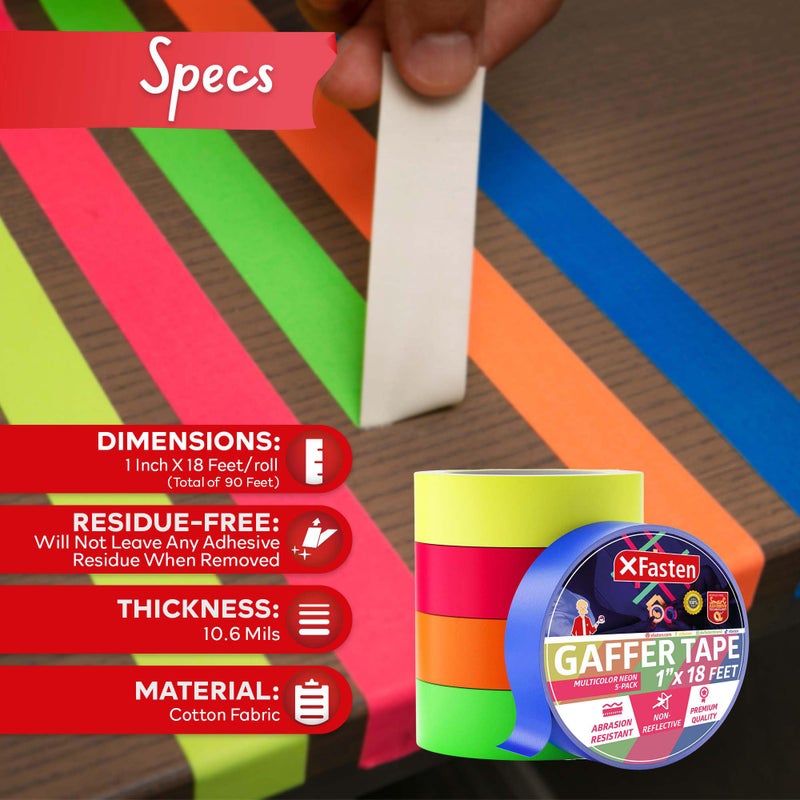 XFasten Multicolor Neon Gaffer Tape, 1-inch x 18-feet Multipurpose Gaffers Tape (5-Pack), UV Backlight Reactive Fluorescent Pro Gaff Tape, Heavy Duty Matte Fluorescent Gaffers Tape - Image 2